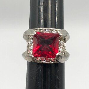 Vintage red rhinestone silver tone ring size 5